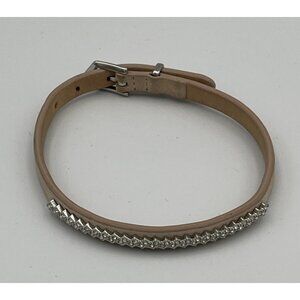 Fossil Tan Leather Bangle Bracelet White Crystal Rhinestones Women’s Jewelry 7”